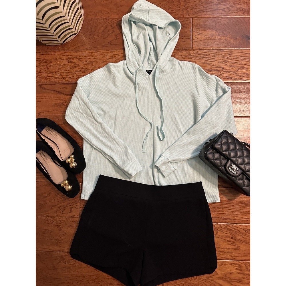 Eileen Fisher S Mint Green Waffle Ribbed Thermal Knit Hoodie Organic Cotton